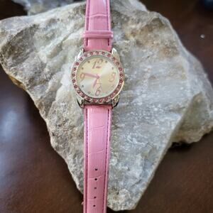 Pink Rhinestone Quartz Watch w/ Faux Leather Strap Japan Movt Stainless Steel